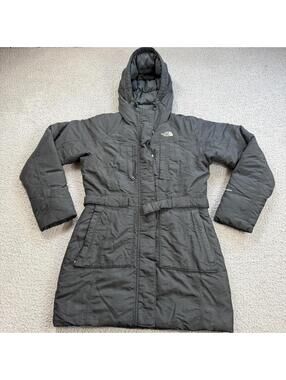The North Face Womens Black Hooded Down Parka Jacket Small Belted Winter Coat